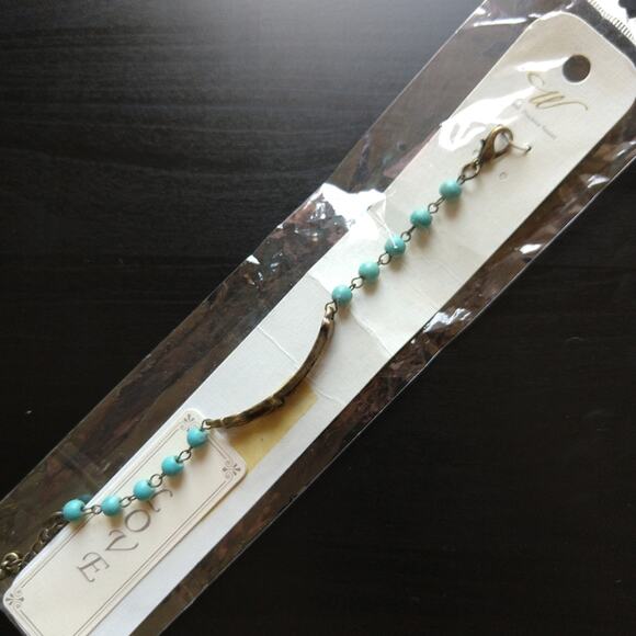 Turquoise LOVE Bracelet 6.5" - 7.5" semi-precious stones brass new old stock - Picture 2 of 13